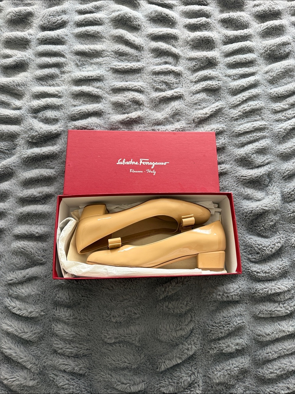 Salvatore Ferragamo Patent Leather Low Block Heel Pumps in Beige